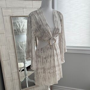 Neutral Tie-Detailed satin Mini Dress with Gold Ring